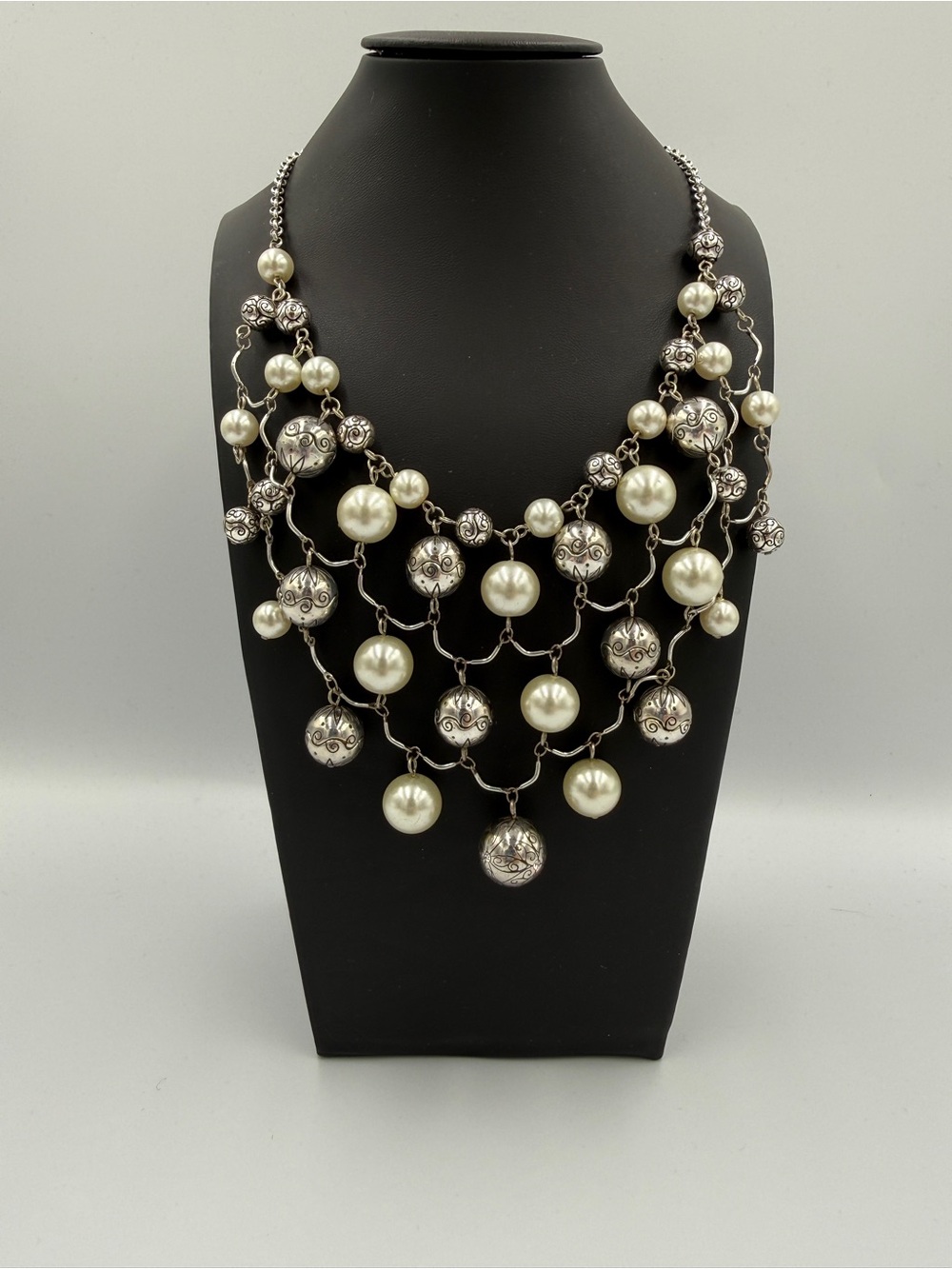 Brighton Silver-Tone Filigree and Ivory Pearl Multi-Strand Necklace